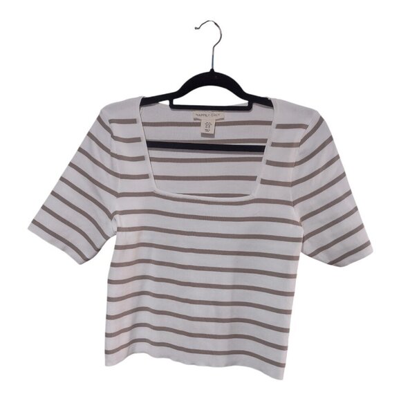 Happily Grey Tops - Women's White/Tan Striped Square Neck Short Sleeve Tee Size XL - 3FOR$25 -